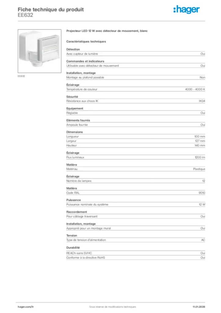 Image Hager Fiche technique du produit EE632 | Hager France