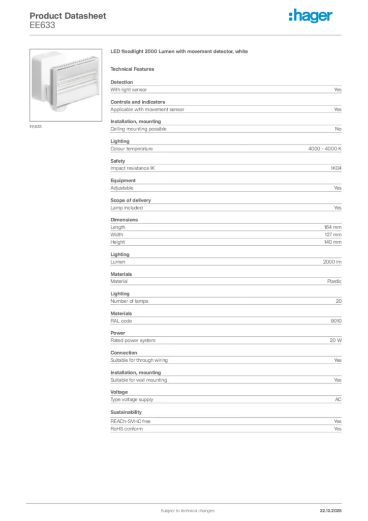 Image Hager Product data sheet EE633  | Hager Africa