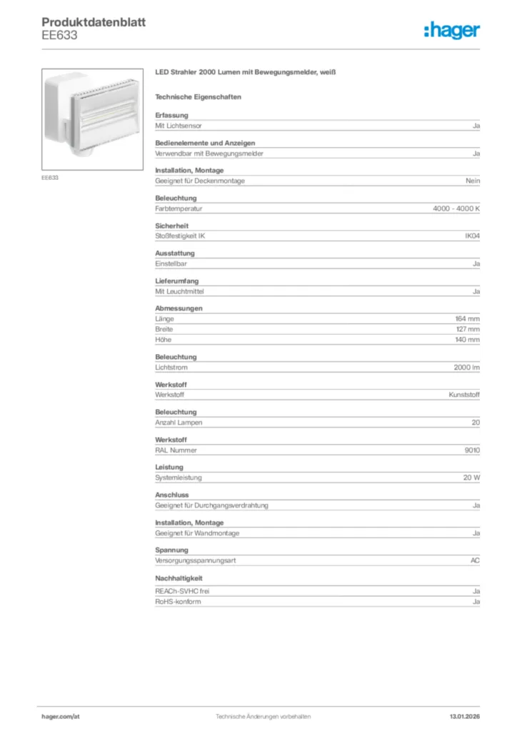 Bild Hager Produktdatenblatt EE633 | Hager Deutschland