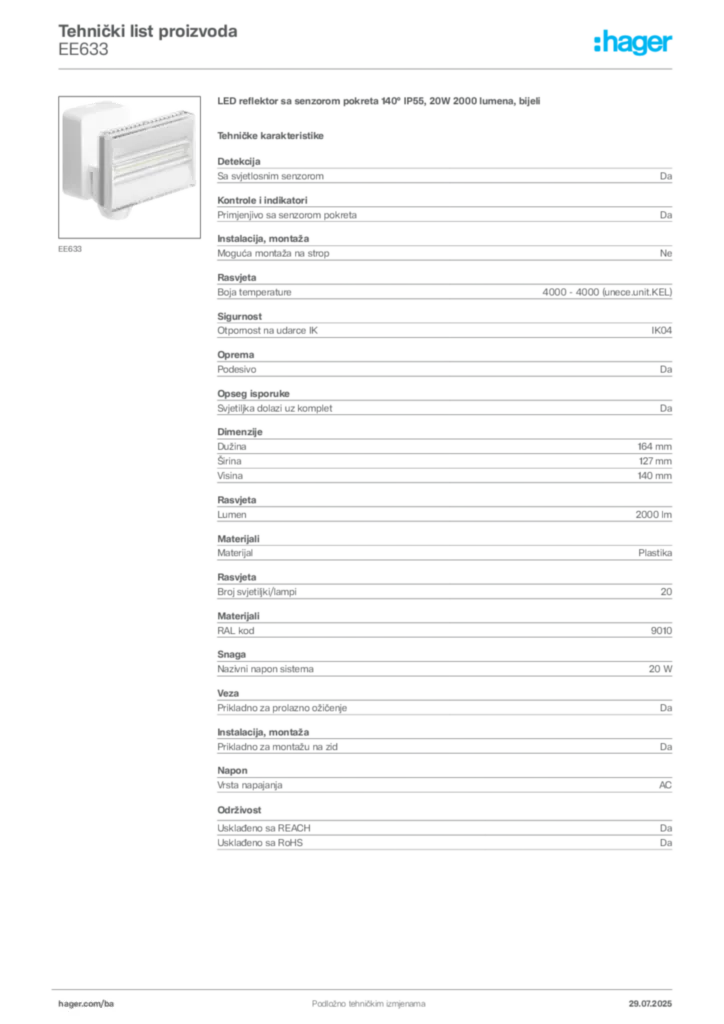 Slika Hager Product data sheet EE633  | Hager