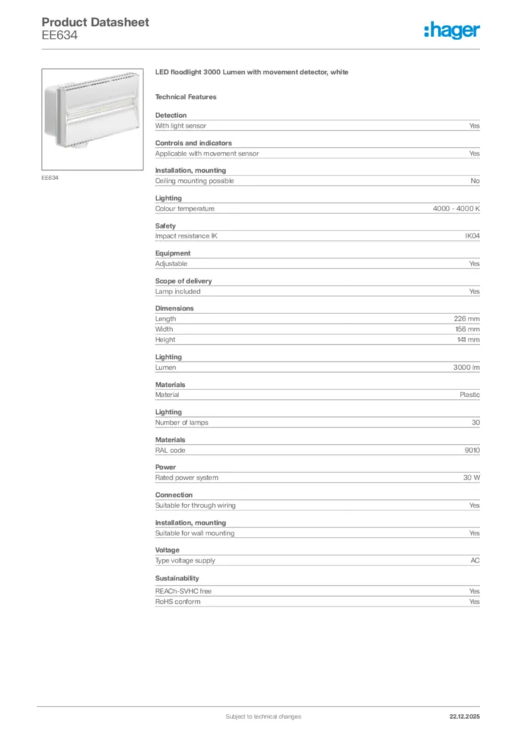 Image Hager Product data sheet EE634  | Hager Africa
