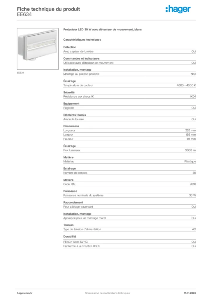 Image Hager Fiche technique du produit EE634 | Hager France