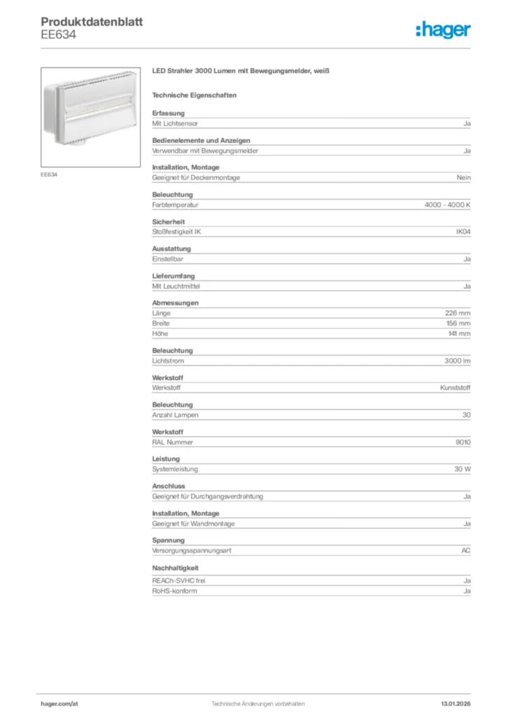 Bild Hager Produktdatenblatt EE634 | Hager Deutschland