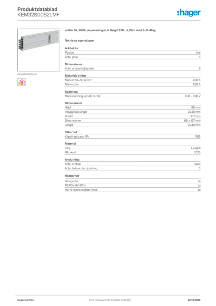 Bild Hager Produktdatablad KEM32S00S2LMF | Hager Sverige