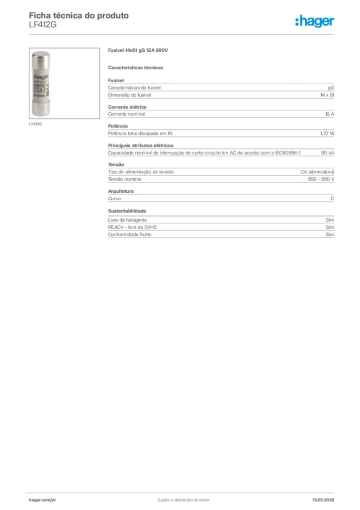 Imagem Hager Ficha técnica do produto LF412G | Hager Portugal