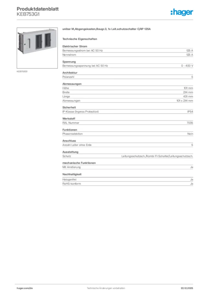 Bild Hager Produktdatenblatt KEB753G1 | Hager Deutschland