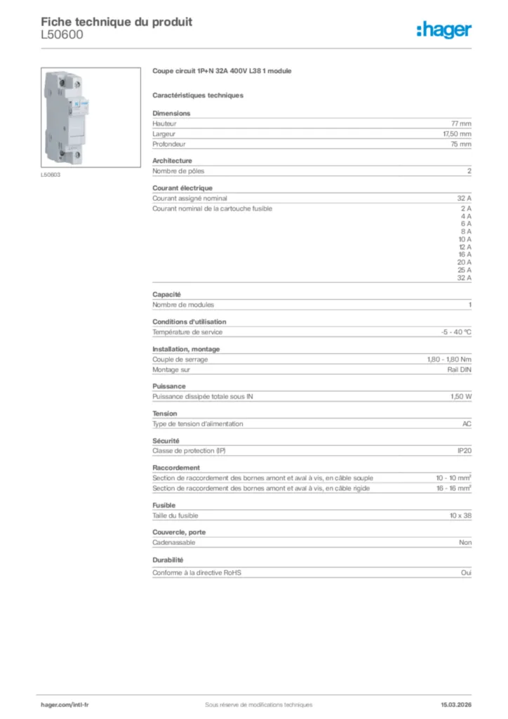 Image Hager Fiche technique du produit L50600 | Hager Afrique