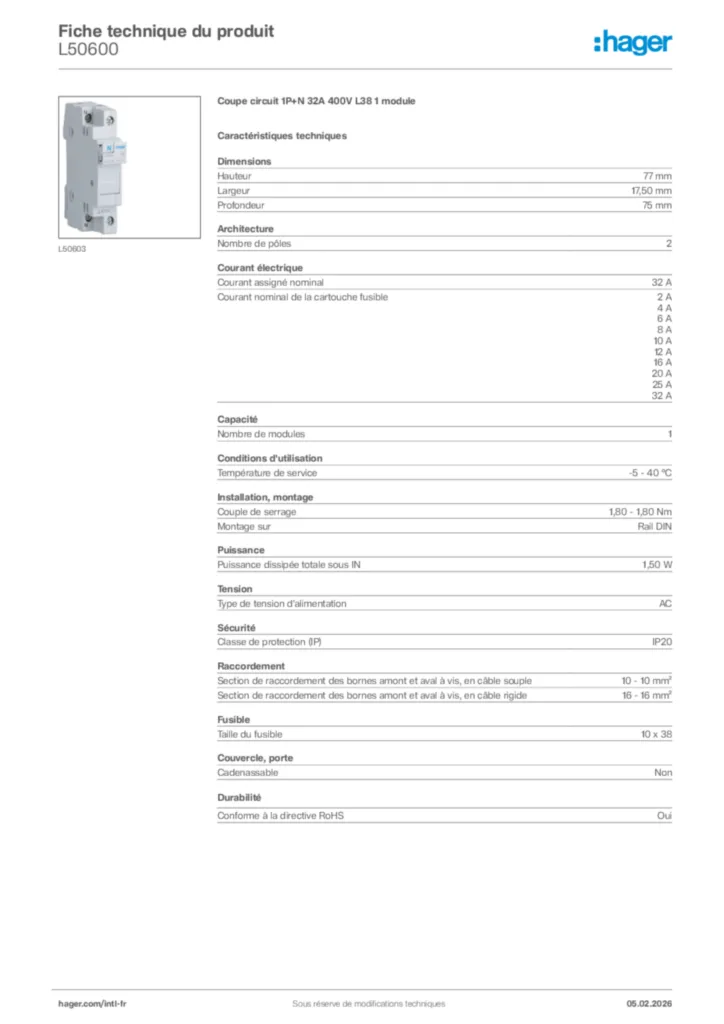 Image Hager Fiche technique du produit L50600 | Hager Afrique