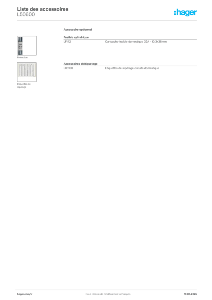 Image Hager Fiche technique du produit L50600 | Hager France