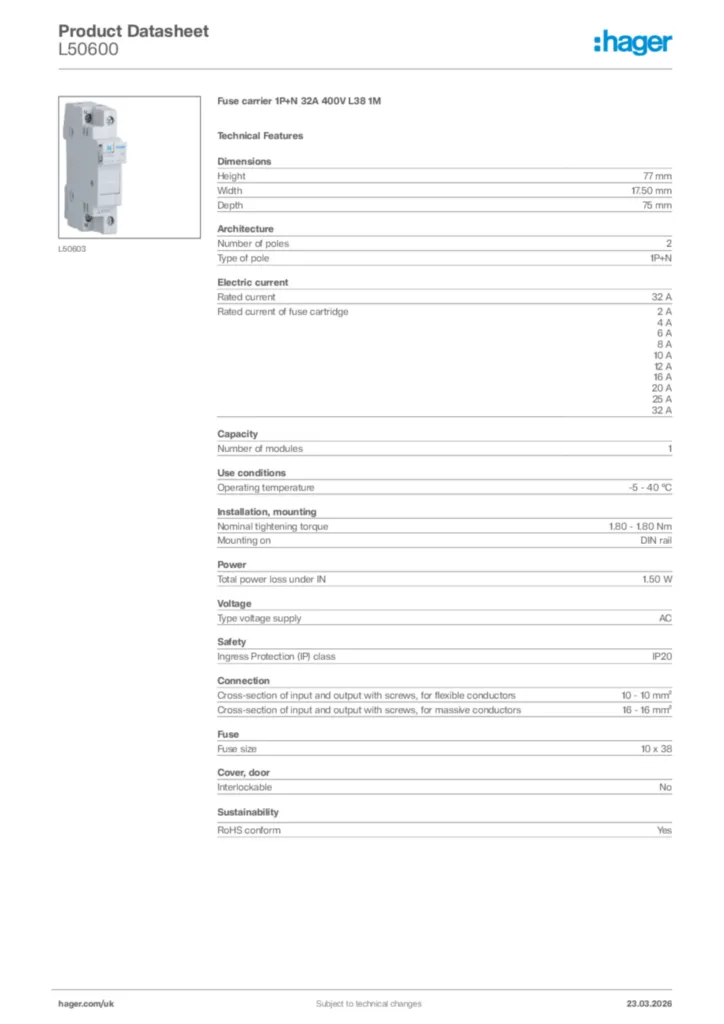 Image Hager Product data sheet L50600  | Hager