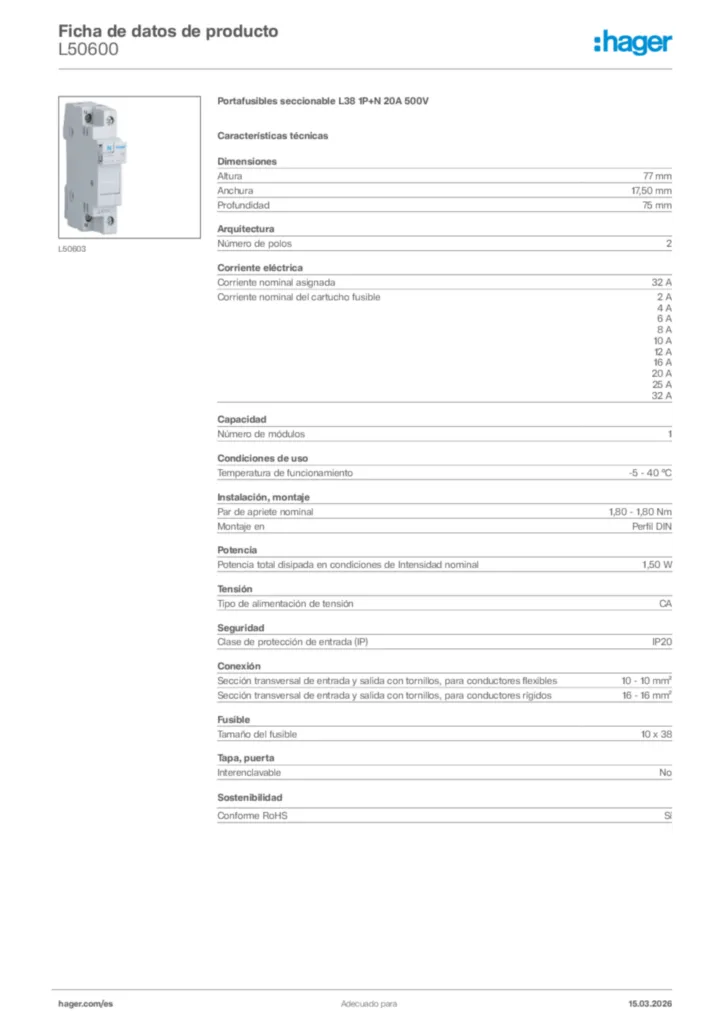Imagen Hager Ficha de datos de producto L50600 | Hager España