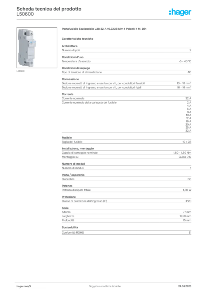 Immagine Hager Scheda tecnica del prodotto L50600 | Hager Italia
