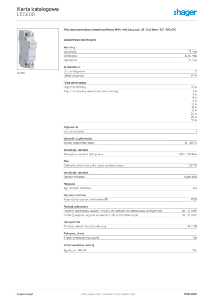 Zdjęcie Hager Karta katalogowa L50600 | Hager Polska