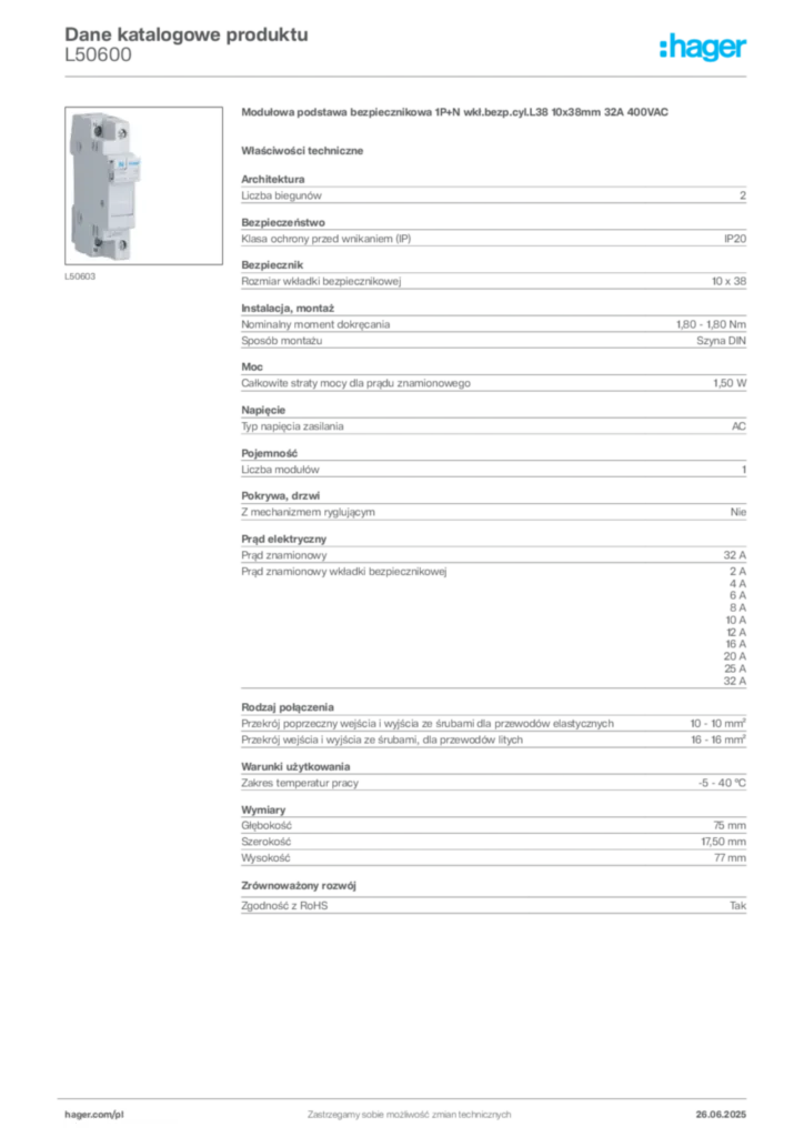 Zdjęcie Hager Dane katalogowe produktu L50600 | Hager Polska