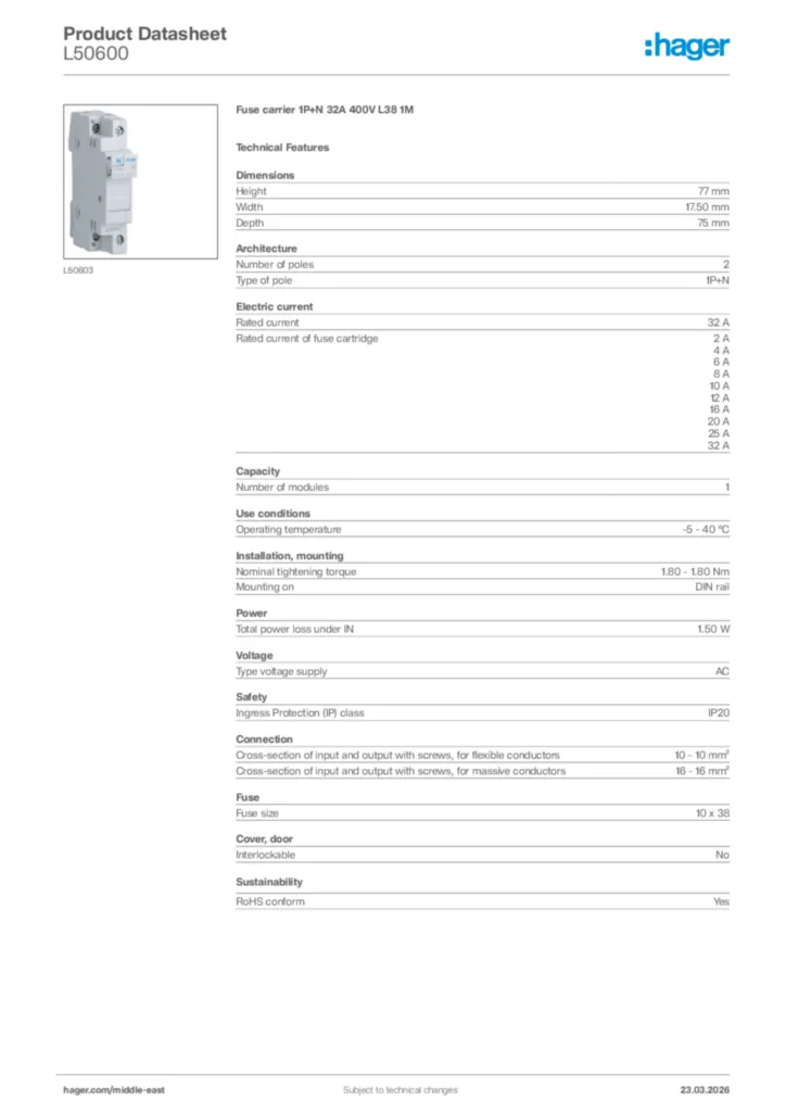 Image Hager Product data sheet L50600  | Hager