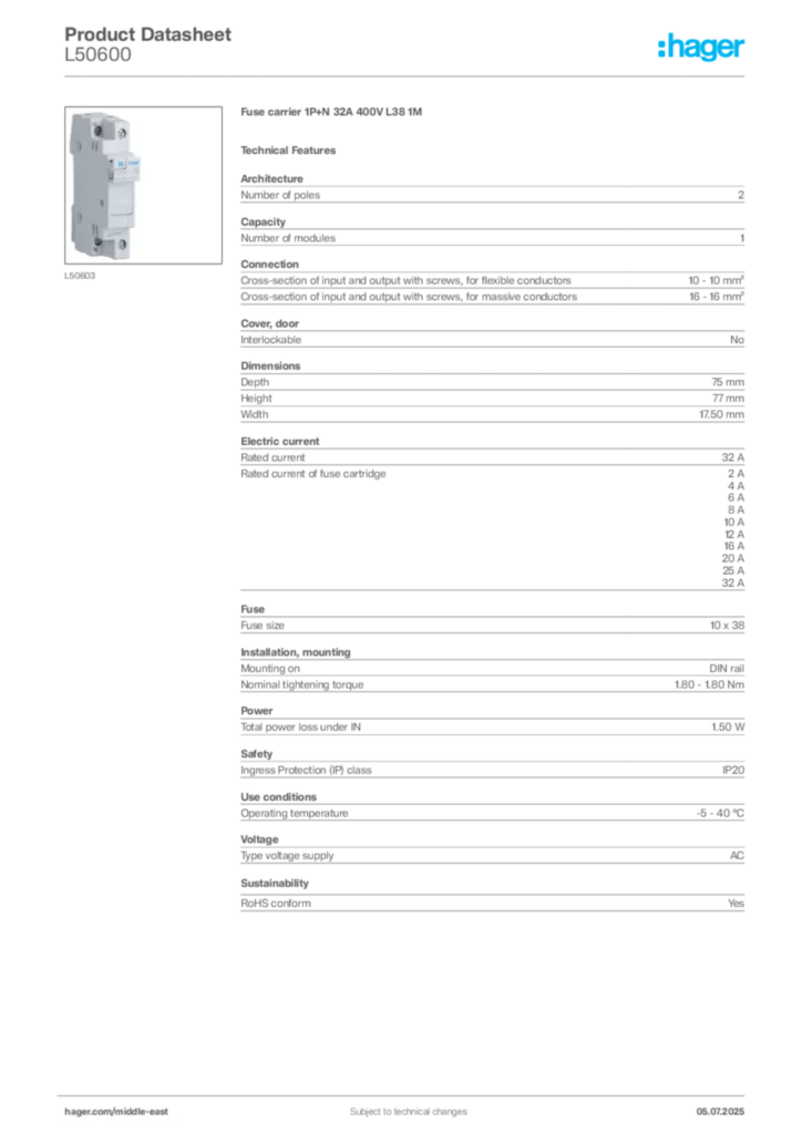 Image Hager Product data sheet L50600  | Hager