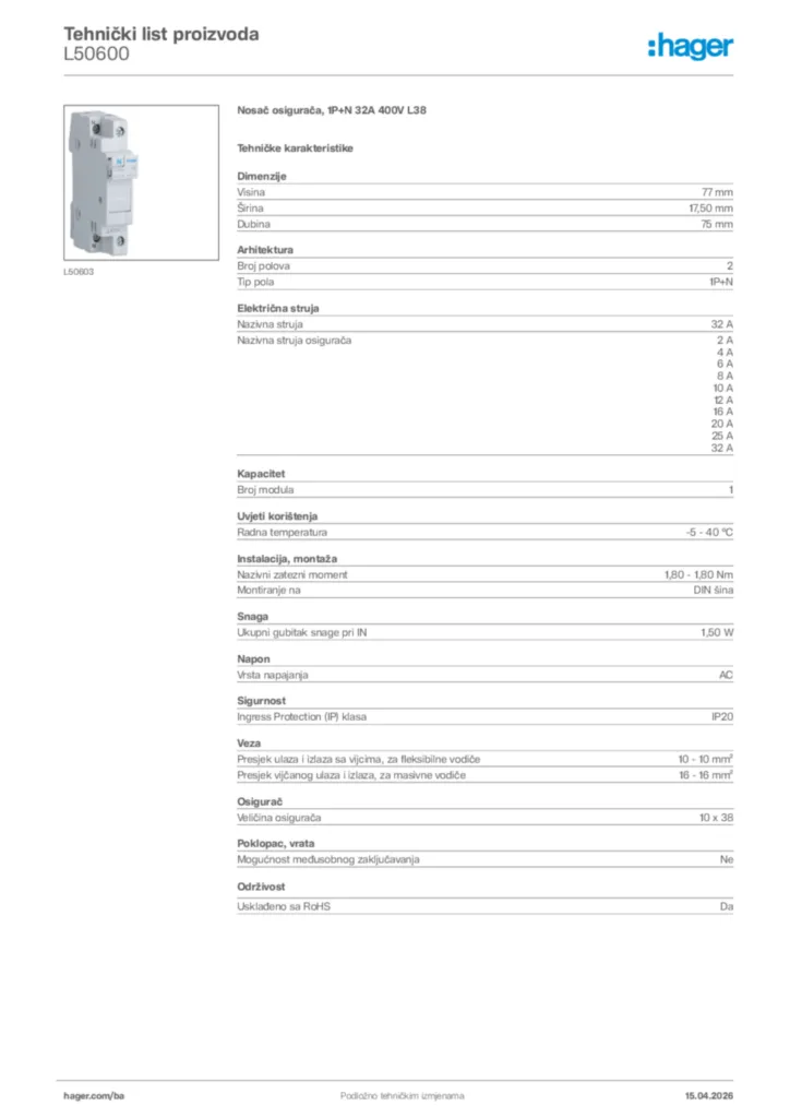 Slika Hager Tehnički list proizvoda L50600  | Hager