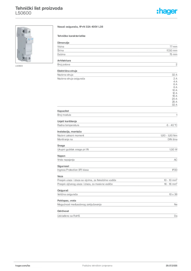 Slika Hager Product data sheet L50600  | Hager