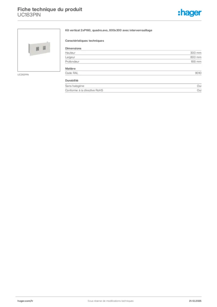 Image Hager Fiche technique du produit UC183PIN | Hager France