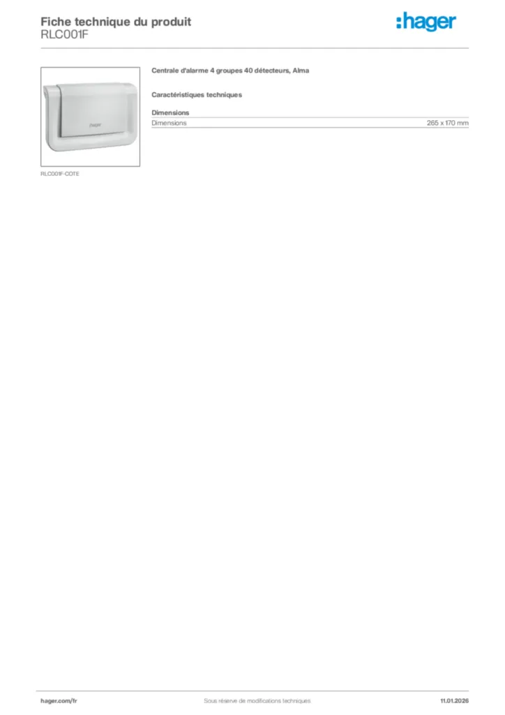 Image Hager Fiche technique du produit RLC001F | Hager France
