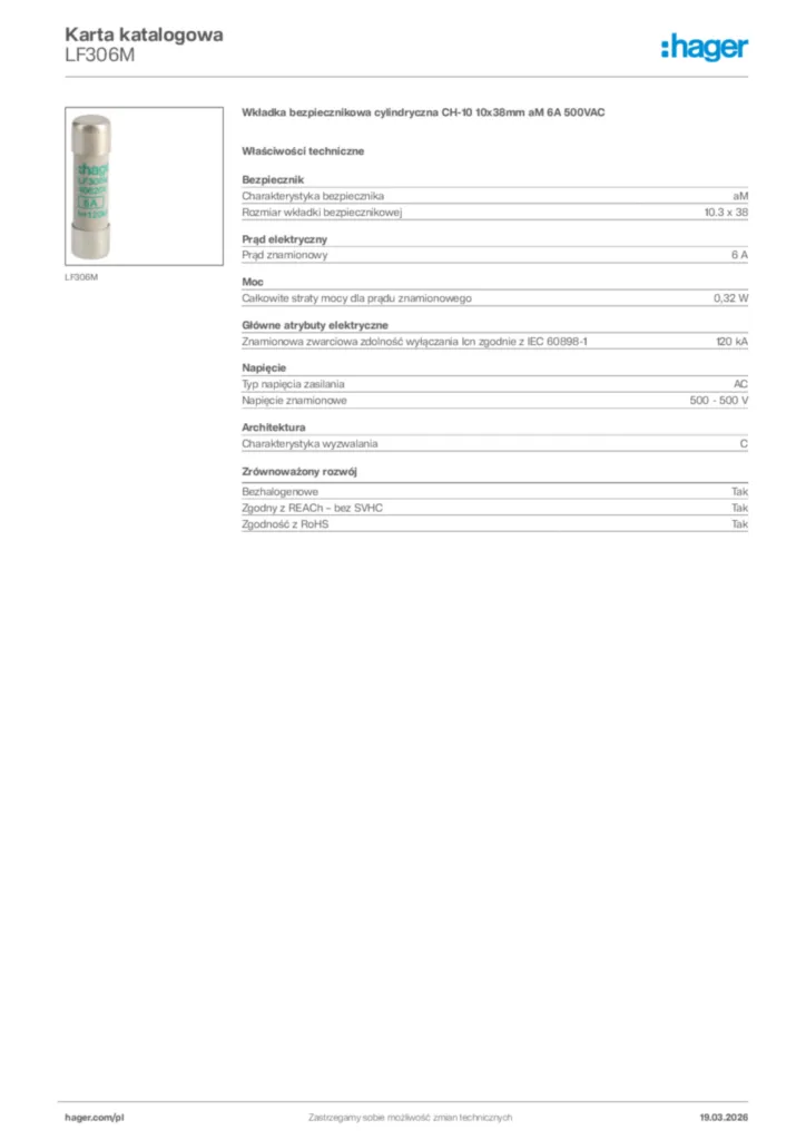 Zdjęcie Hager Karta katalogowa LF306M | Hager Polska