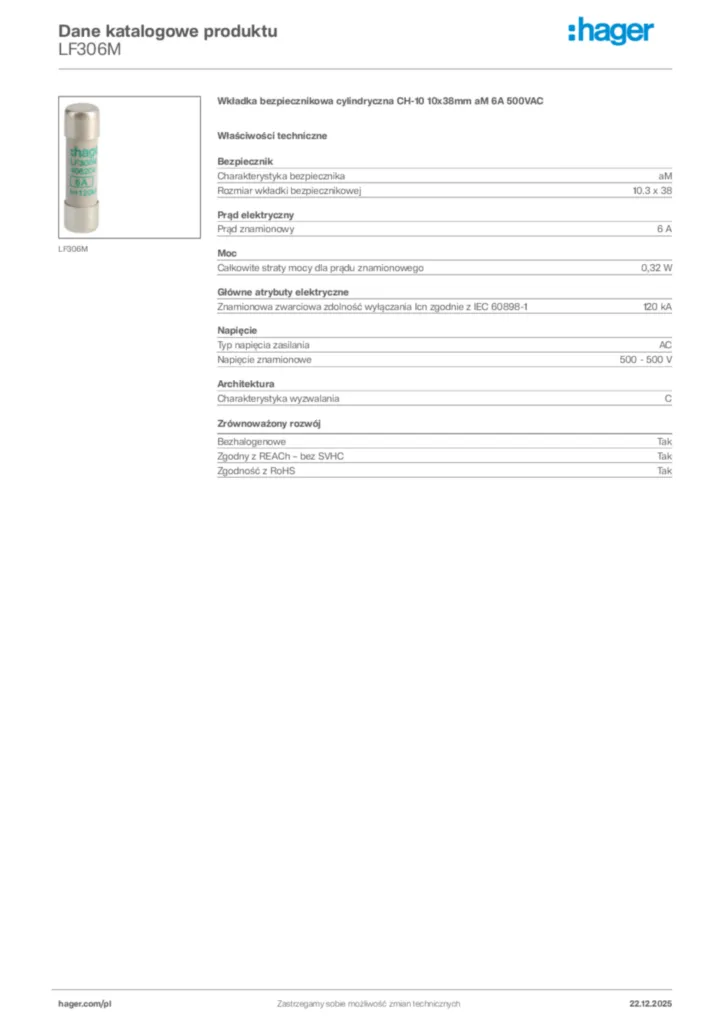 Zdjęcie Hager Dane katalogowe produktu LF306M | Hager Polska