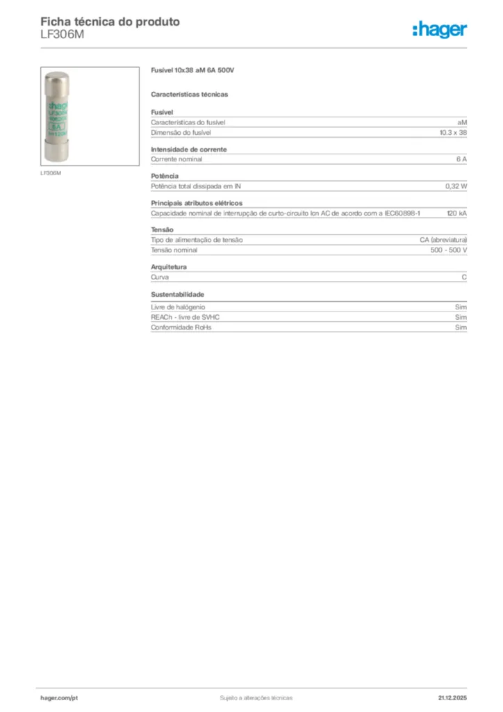 Imagem Hager Ficha técnica do produto LF306M | Hager Portugal