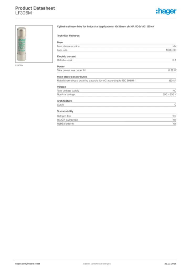 Image Hager Product data sheet LF306M  | Hager