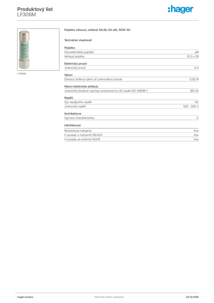 Obrázek Hager Produktový list LF306M | Hager