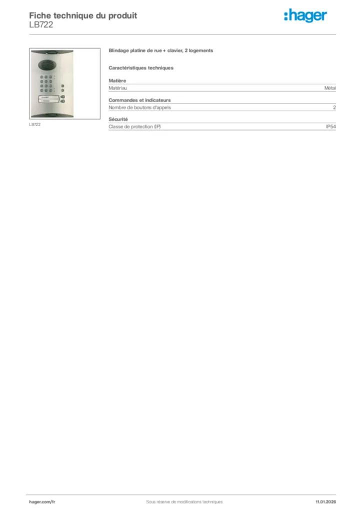 Image Hager Fiche technique du produit LB722 | Hager France