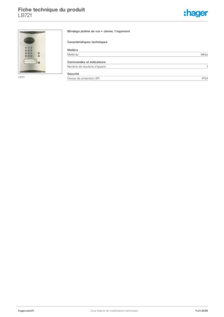 Image Hager Fiche technique du produit LB721 | Hager France