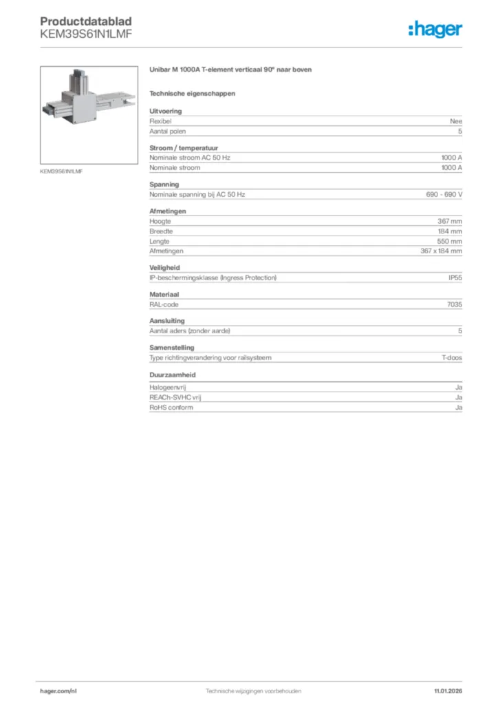 Afbeelding Hager Productdatablad KEM39S61N1LMF | Hager Nederland