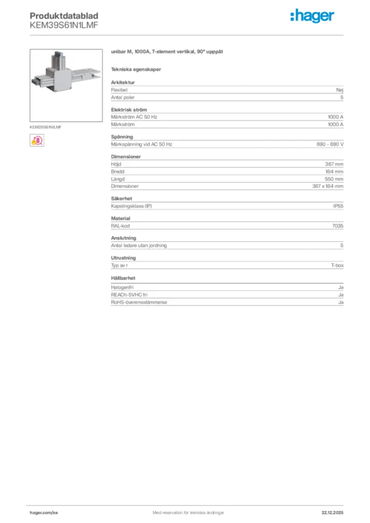 Bild Hager Produktdatablad KEM39S61N1LMF | Hager Sverige