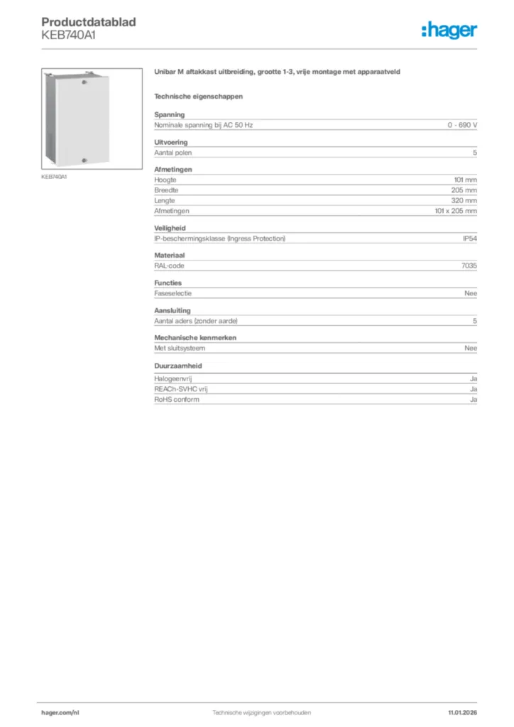Afbeelding Hager Productdatablad KEB740A1 | Hager Nederland