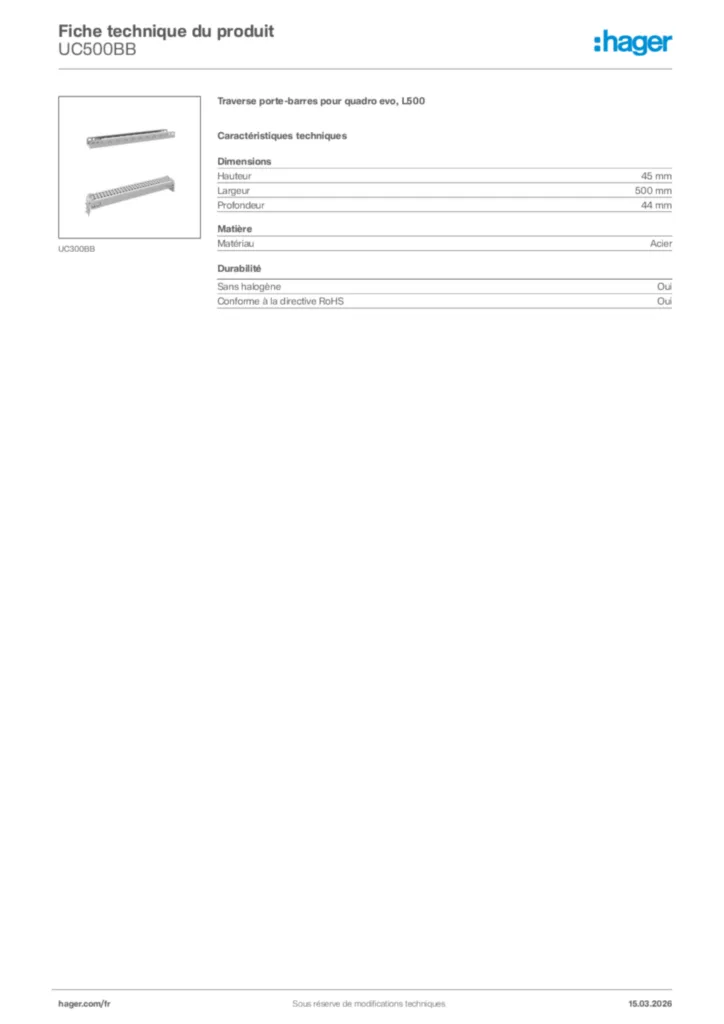 Image Hager Fiche technique du produit UC500BB | Hager France