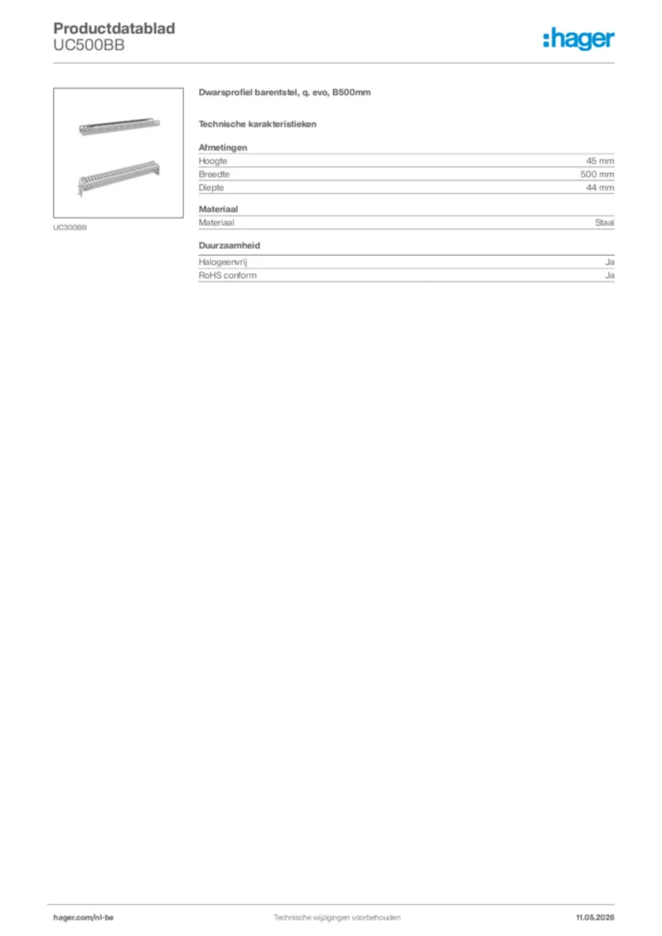 Afbeelding Hager Productdatablad UC500BB | Hager Belgium