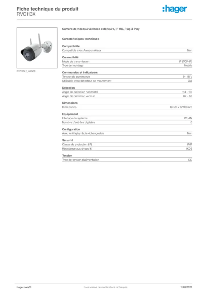 Image Hager Fiche technique du produit RVC113X | Hager France