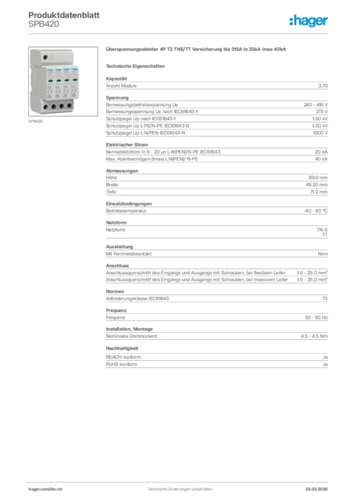 Bild Hager Produktdatenblatt SPB420 | Hager Schweiz