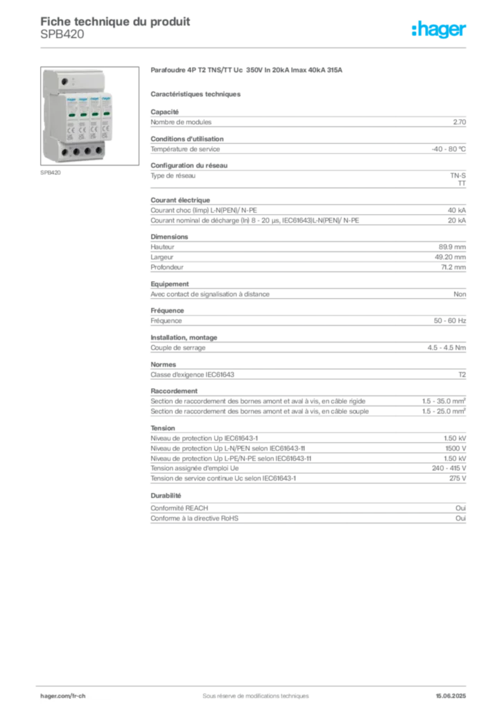 Image Hager Fiche technique du produit SPB420 | Hager Suisse