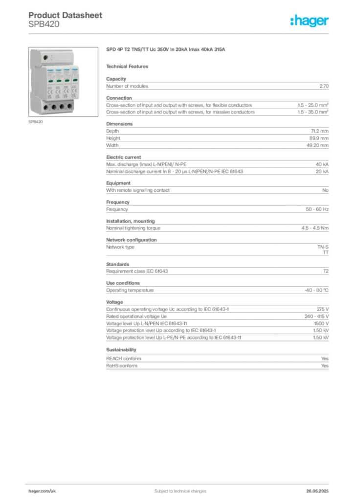 Image Hager Product data sheet SPB420  | Hager