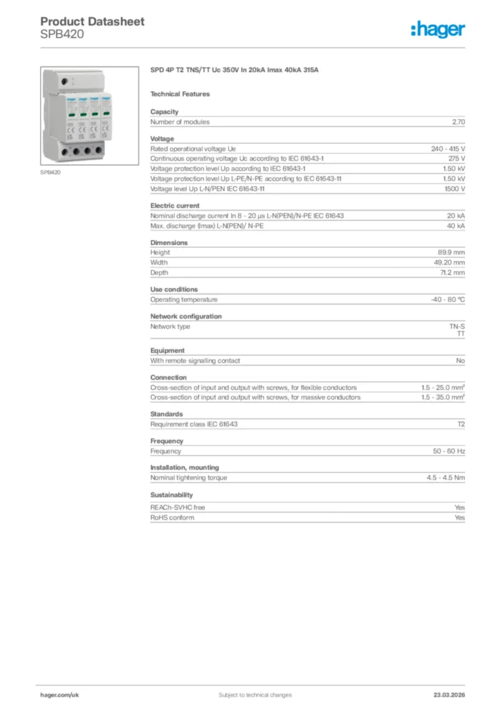 Image Hager Product data sheet SPB420  | Hager