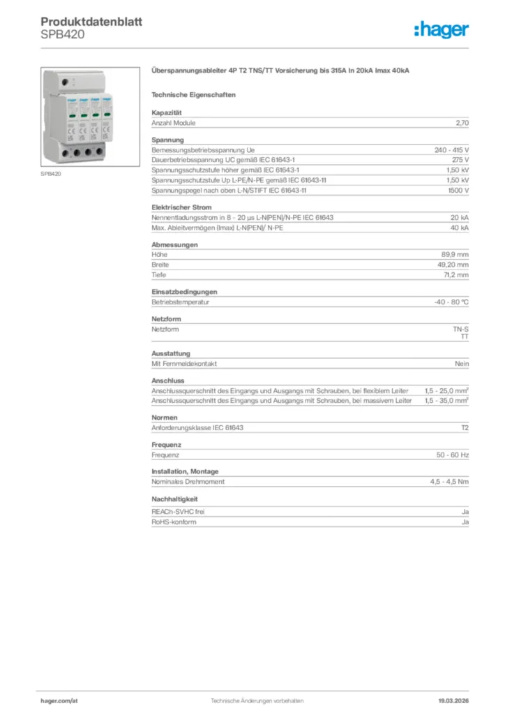 Bild Hager Produktdatenblatt SPB420 | Hager Deutschland