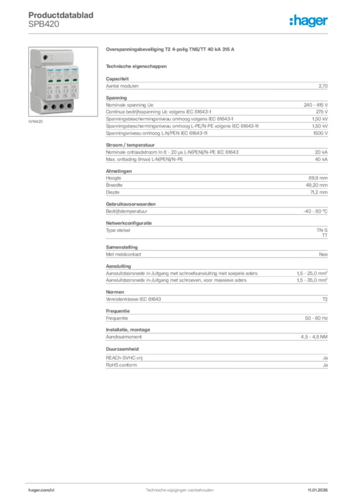 Afbeelding Hager Productdatablad SPB420 | Hager Nederland