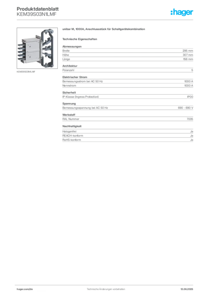 Hager Produktdatenblatt KEM39S03N1LMF