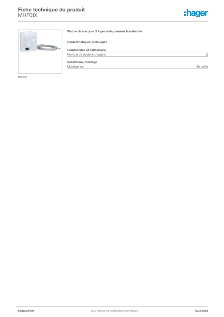 Image Hager Fiche technique du produit MHF01X | Hager France