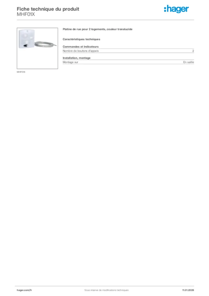 Image Hager Fiche technique du produit MHF01X | Hager France