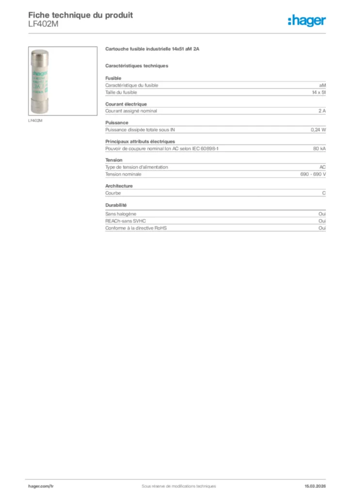 Image Hager Fiche technique du produit LF402M | Hager France