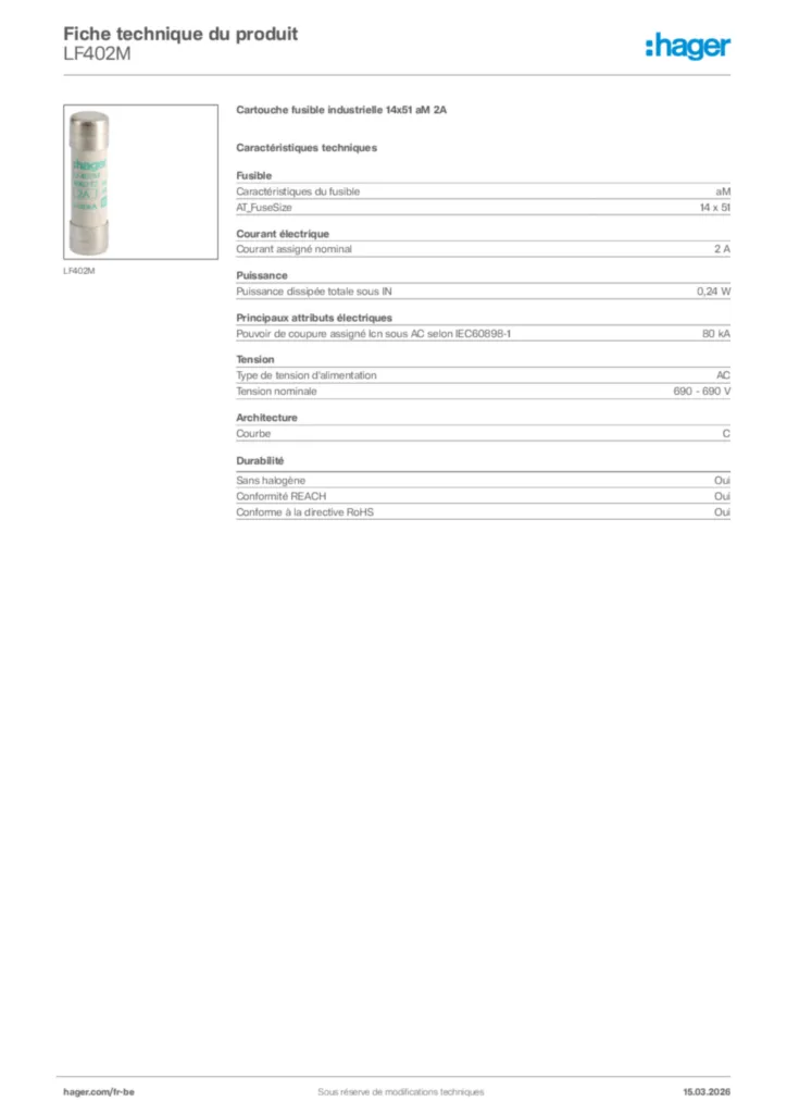 Image Hager Fiche technique du produit LF402M | Hager Belgique
