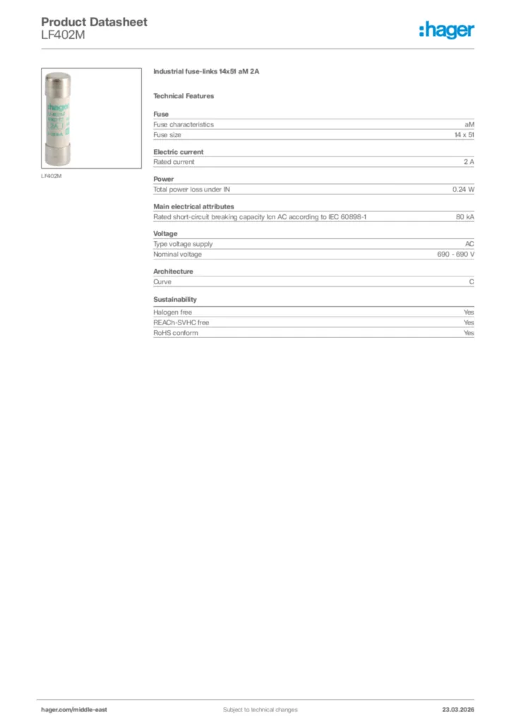 Image Hager Product data sheet LF402M  | Hager