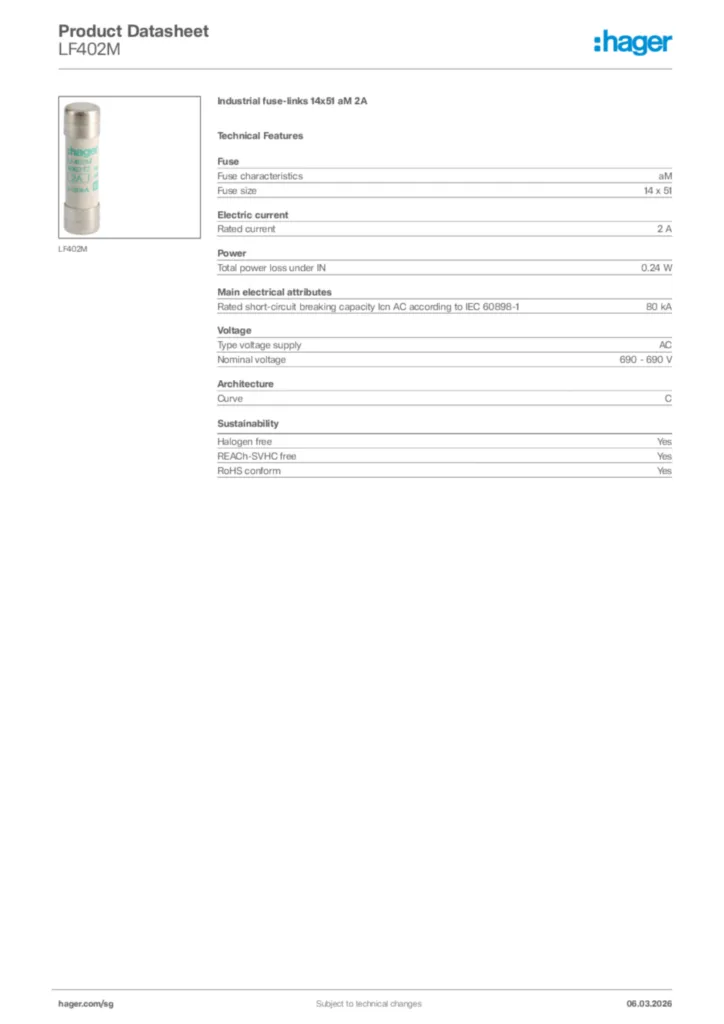 Image Hager Product data sheet LF402M  | Hager
